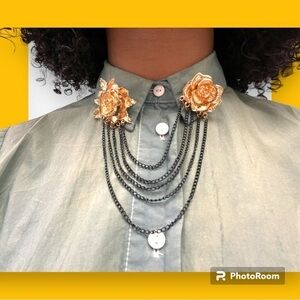 Rose Gold Rose Flower Black Chain Brooch Pin